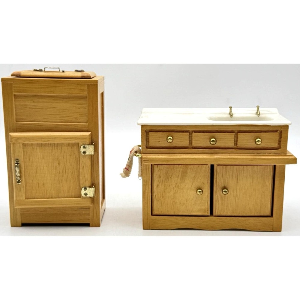 Vtg Concord Dollhouse Miniature Wooden Kitchen Sink Ice Box Furniture Lot 1:12